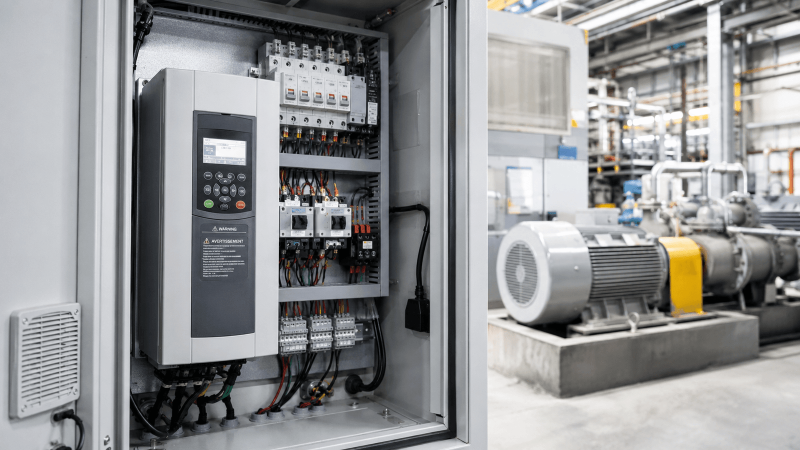 Técnico configurando un variador de frecuencia dentro de un gabinete eléctrico