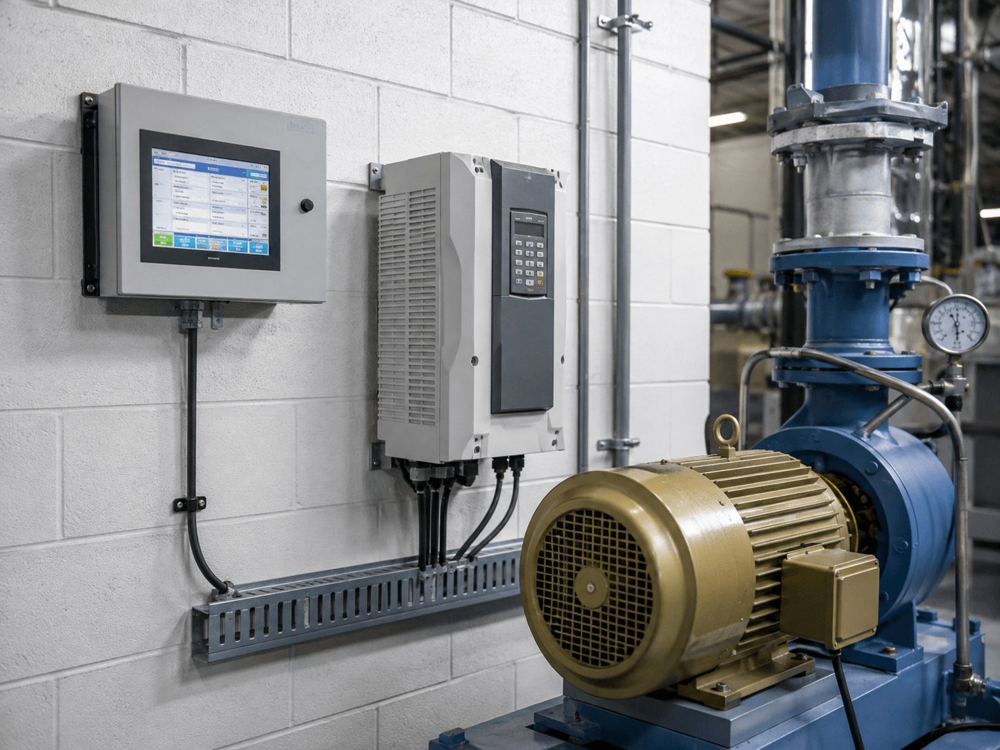 Sistema de bombeo industrial con motor eléctrico, variador de frecuencia e interfaz de control
