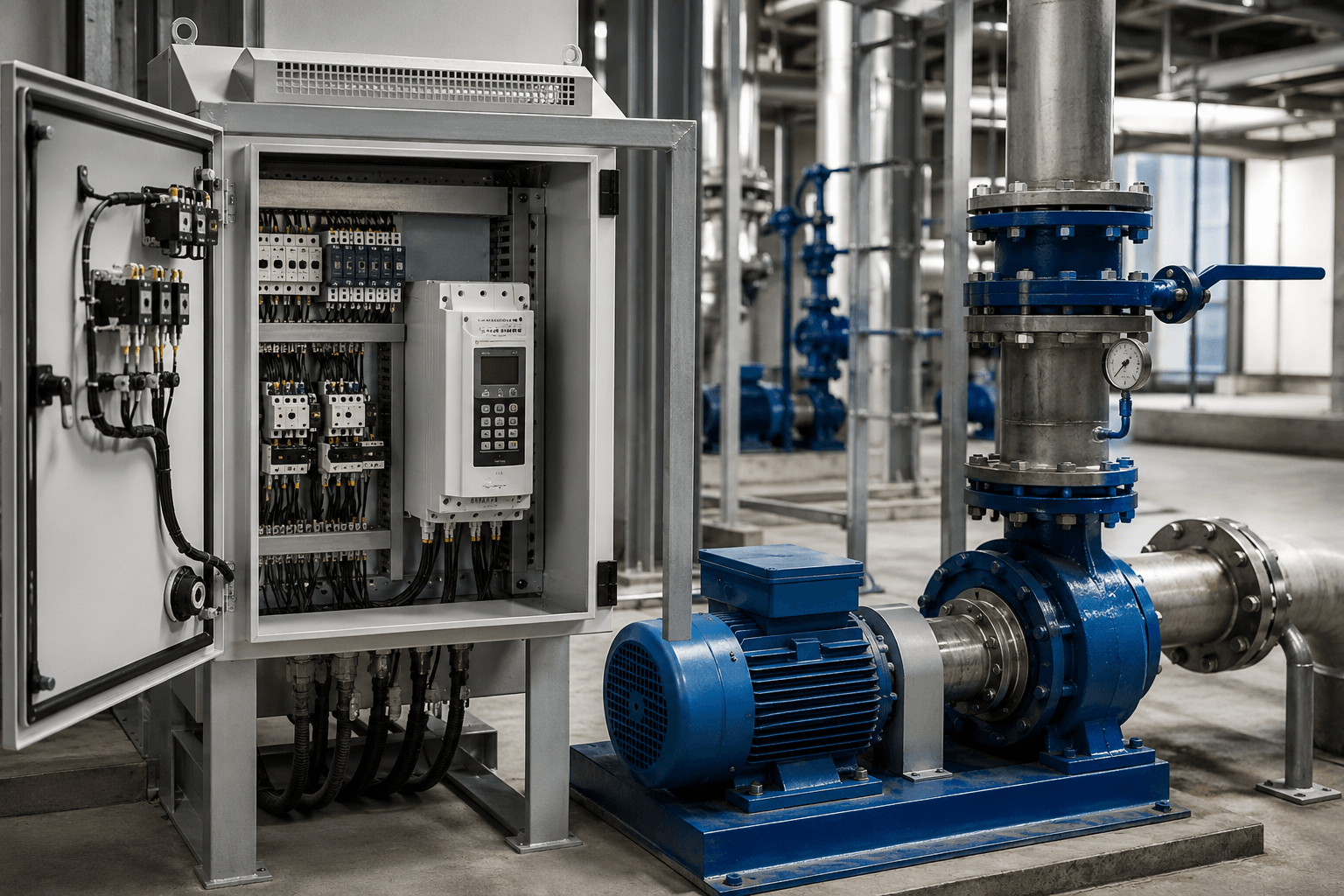 Sala industrial con sistema de bombeo y panel de control con arrancador suave