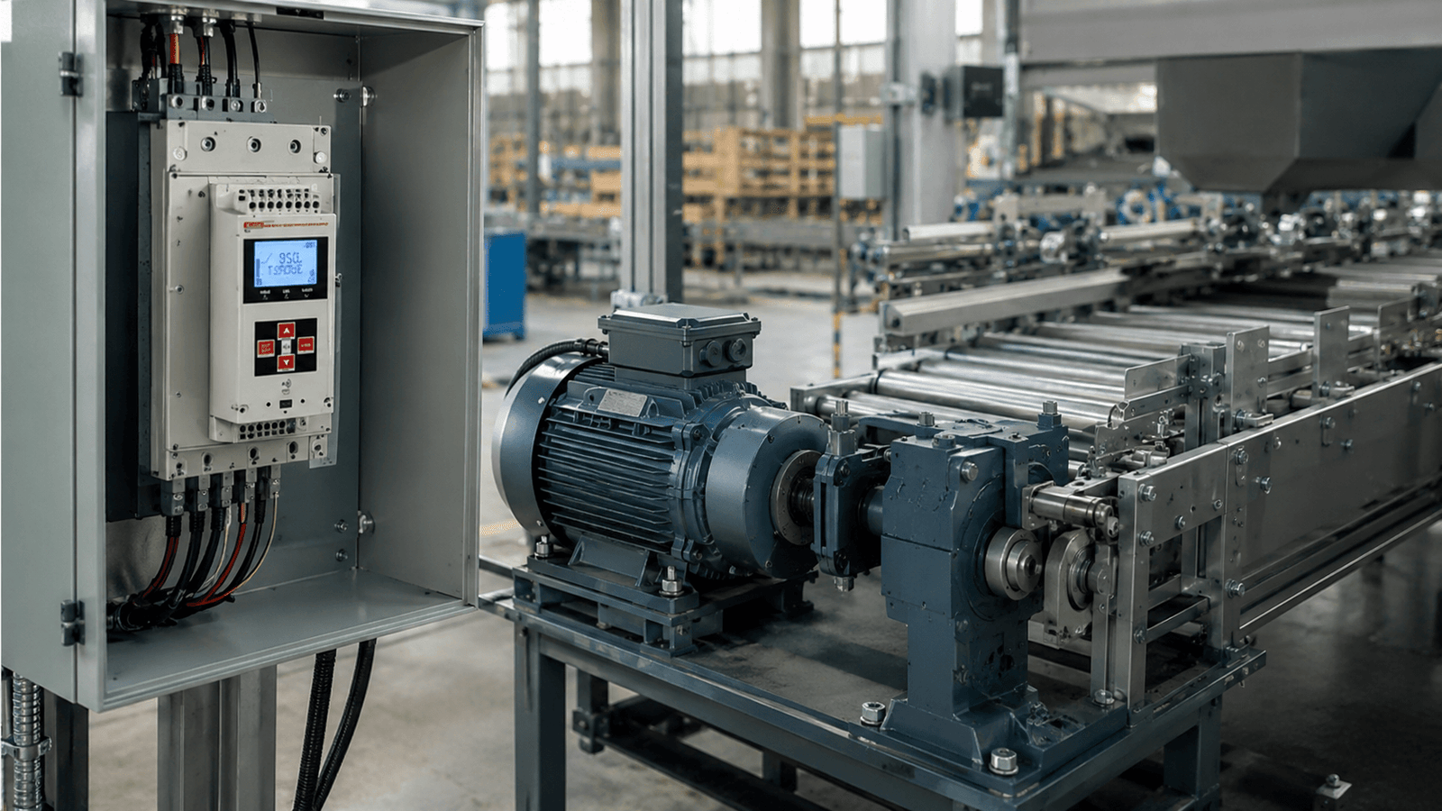 Motor eléctrico con arrancador suave en una línea de producción industrial