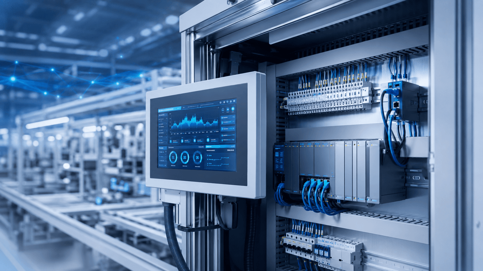 Panel industrial con PLC e interfaz HMI para control de procesos
