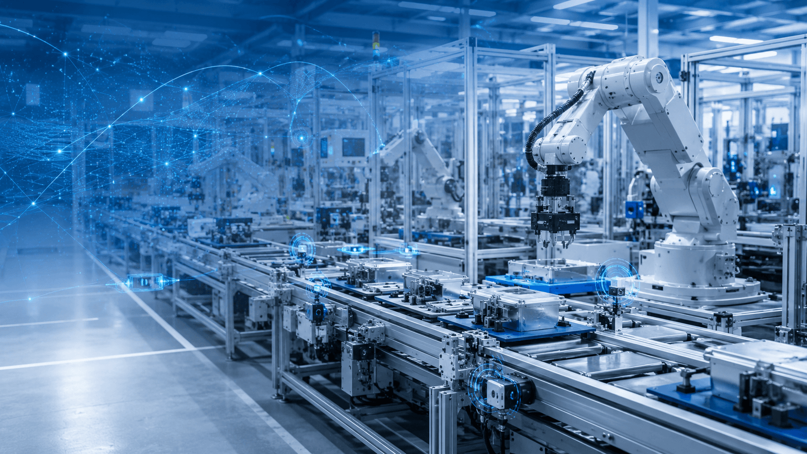 Línea de producción automatizada con robot industrial y sistemas conectados