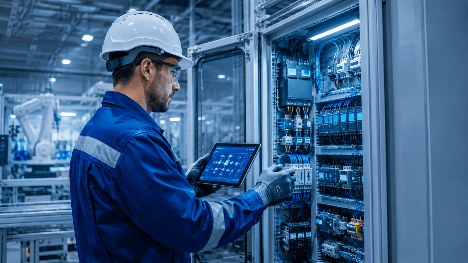 Técnico industrial revisando un tablero eléctrico mediante una interfaz digital